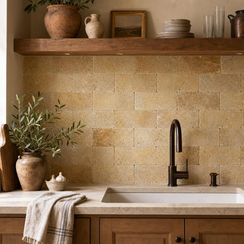 Gold Travertine Tile 4x8 Tumbled — Kitchen backsplash