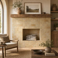 Gold Travertine Tile 4x8 Tumbled — Living Room fireplace surround
