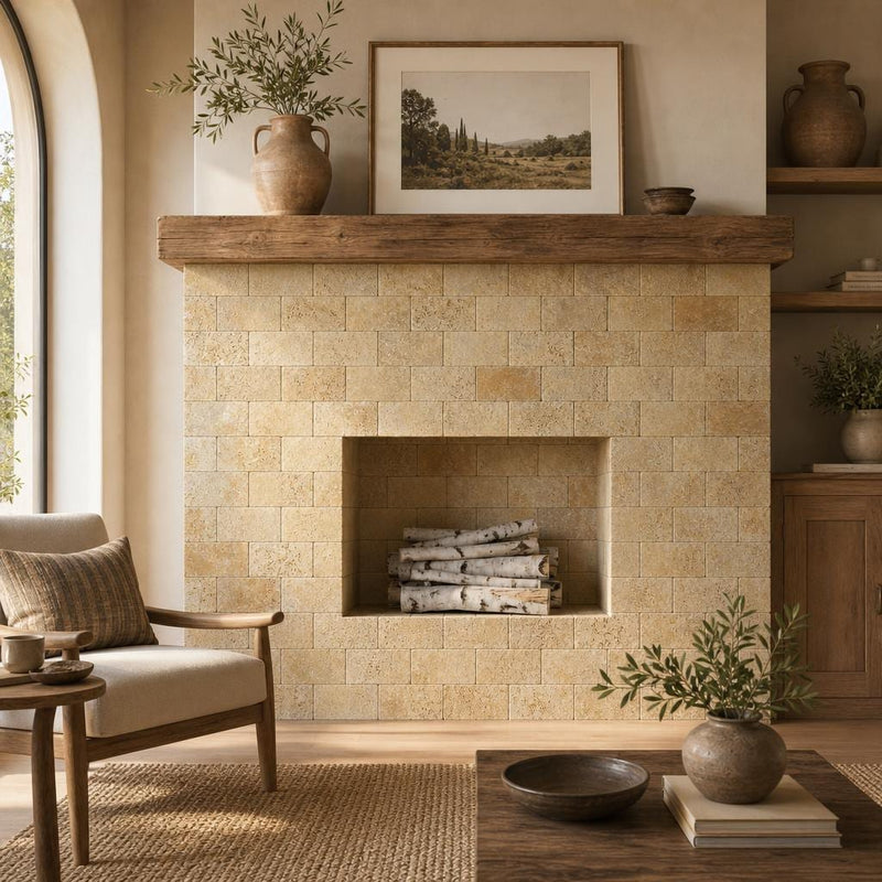 Gold Travertine Tile 4x8 Tumbled — Living Room fireplace surround