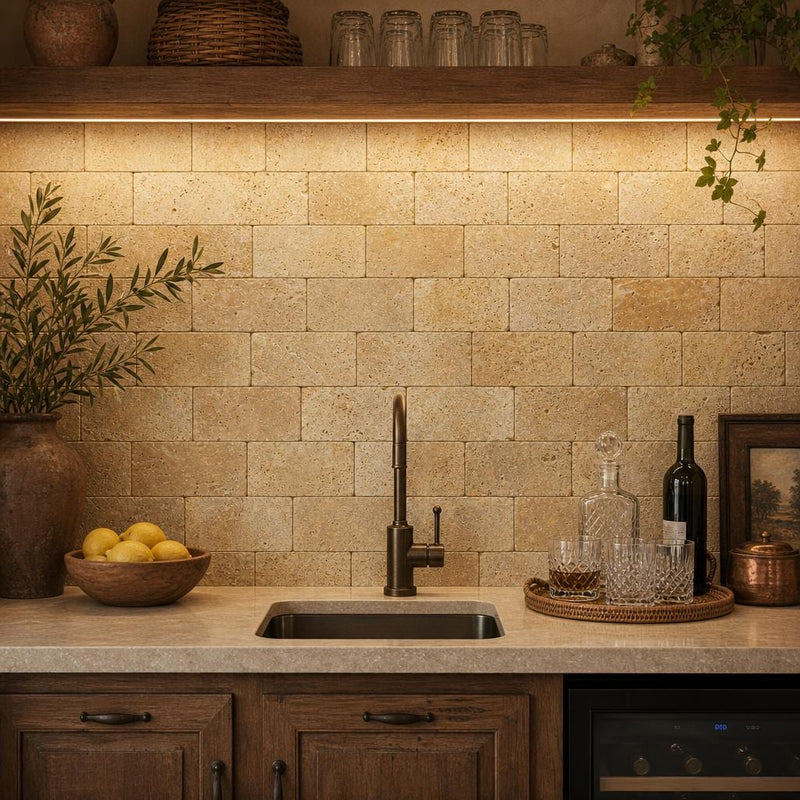 Gold Travertine Tile 4x8 Tumbled — Wet Bar backsplash