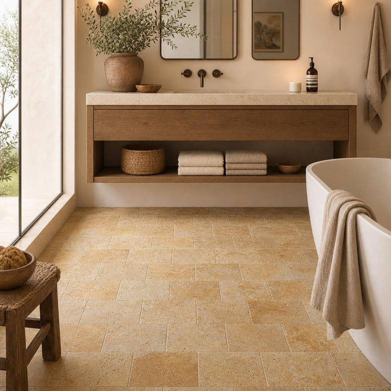 Gold Travertine Tile 6x12 Tumbled — Bathroom floor
