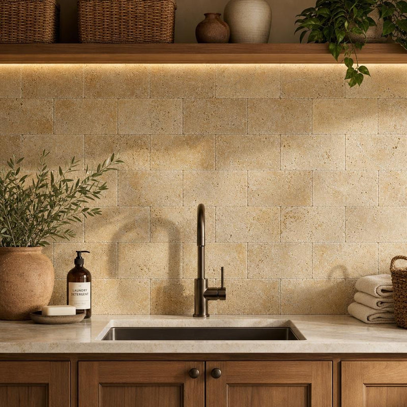 Gold Travertine Tile 6x12 Tumbled — Laundry Room backsplash