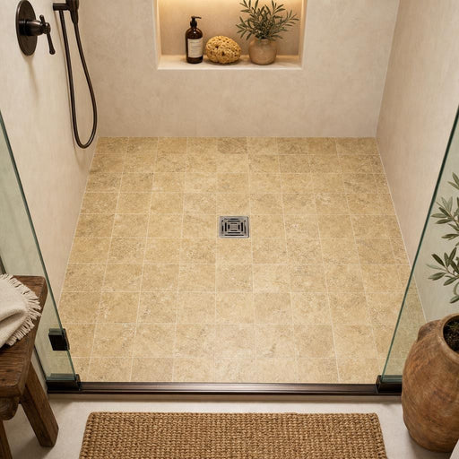 Gold Travertine Tile 6x6 Tumbled — Bathroom shower floor