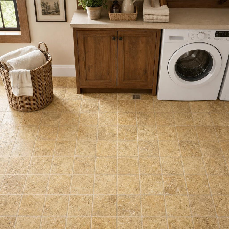 Gold Travertine Tile 6x6 Tumbled — Laundry Room floor