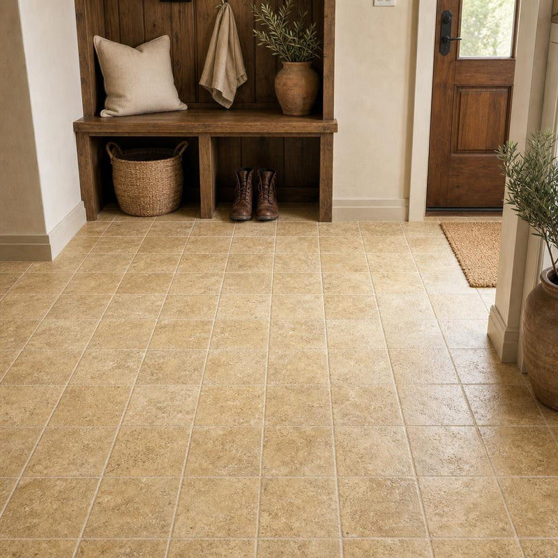 Gold Travertine Tile 6x6 Tumbled — Mudroom floor