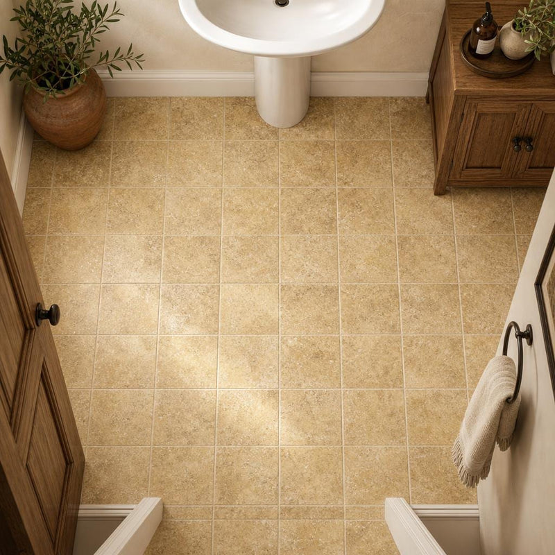 Gold Travertine Tile 6x6 Tumbled — Powder Room floor