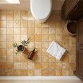 Gold Yellow 2x2 Square Tumbled Travertine Mosaic — Bathroom floor