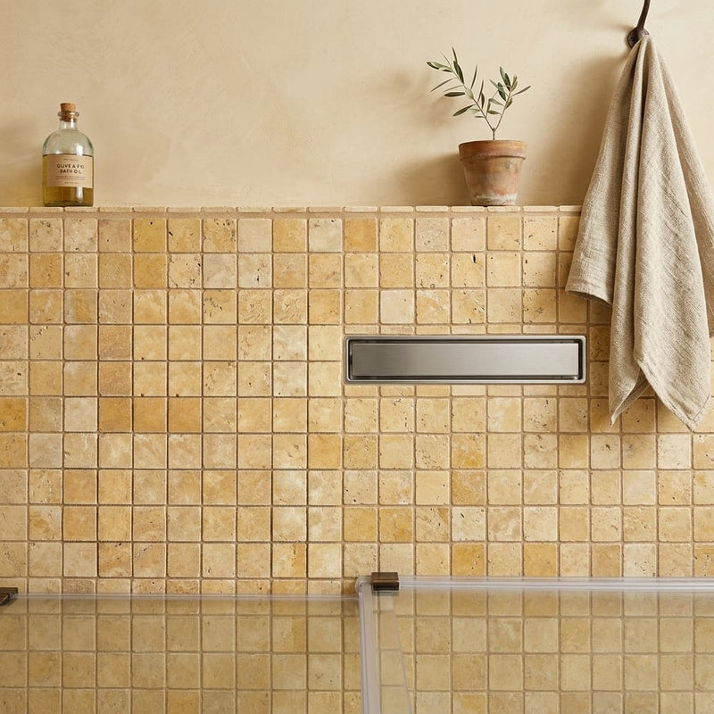 Gold Yellow 2x2 Square Tumbled Travertine Mosaic — Bathroom shower floor