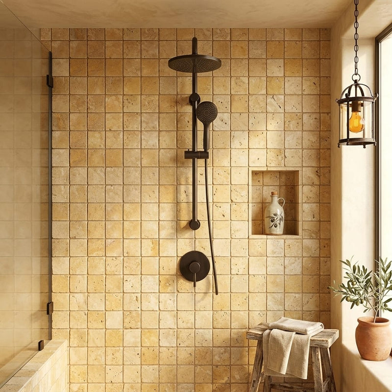 Gold Yellow 2x2 Square Tumbled Travertine Mosaic — Bathroom shower wall