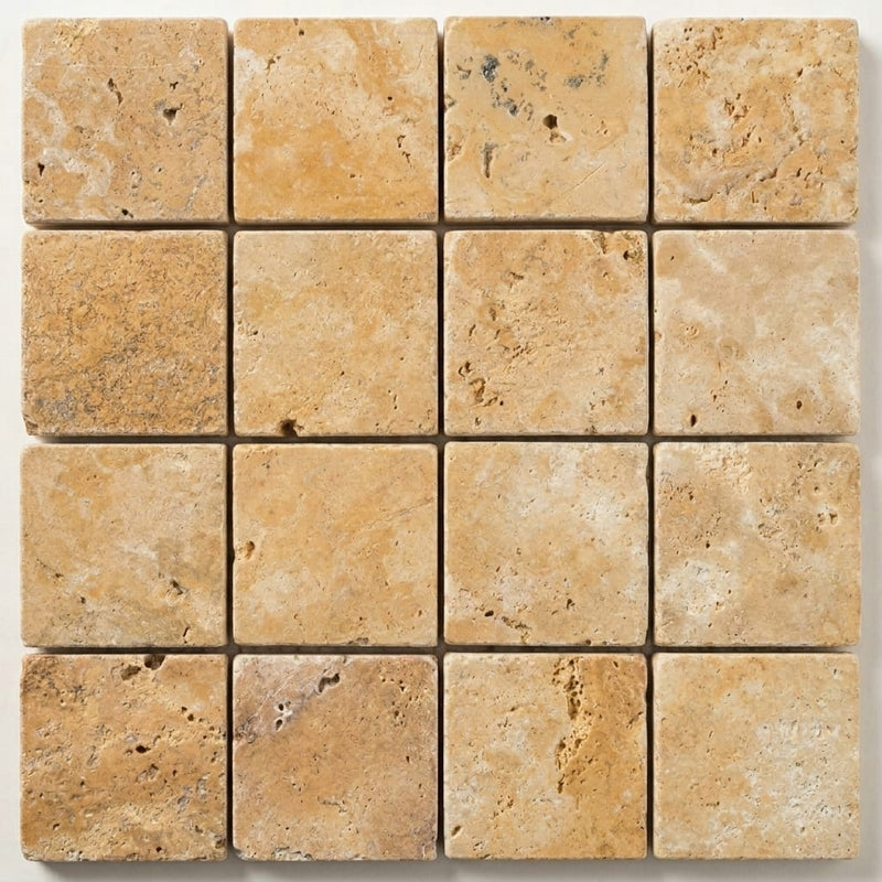 Gold Yellow 2x2 Square Tumbled Travertine Mosaic close-up