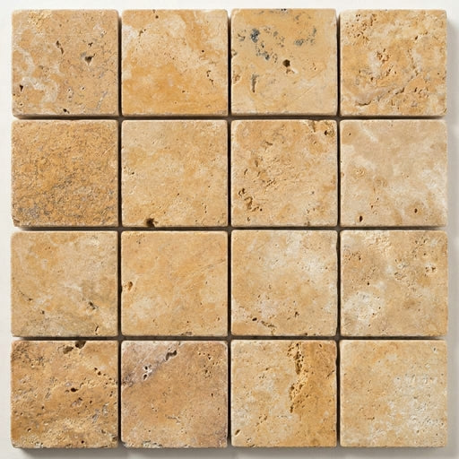 Gold Yellow 2x2 Square Tumbled Travertine Mosaic close-up