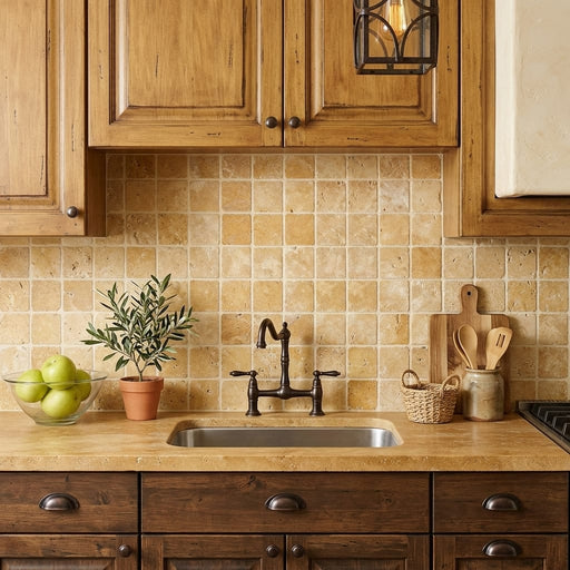 Gold Yellow 2x2 Square Tumbled Travertine Mosaic — Kitchen backsplash