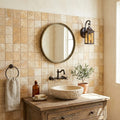 Gold Yellow 2x2 Square Tumbled Travertine Mosaic — Powder Room wall
