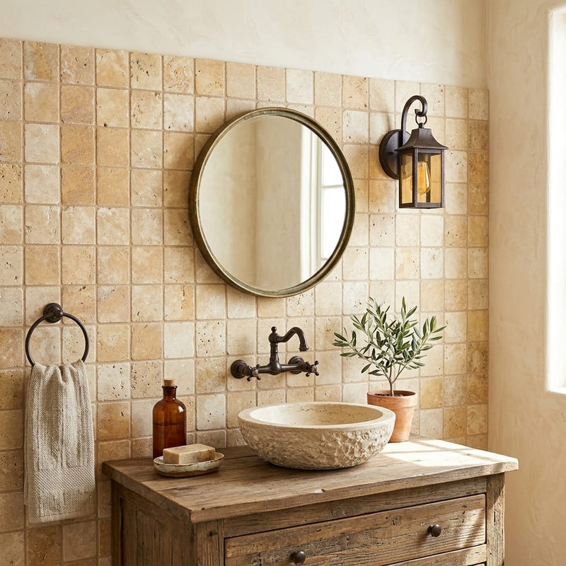 Gold Yellow 2x2 Square Tumbled Travertine Mosaic — Powder Room wall