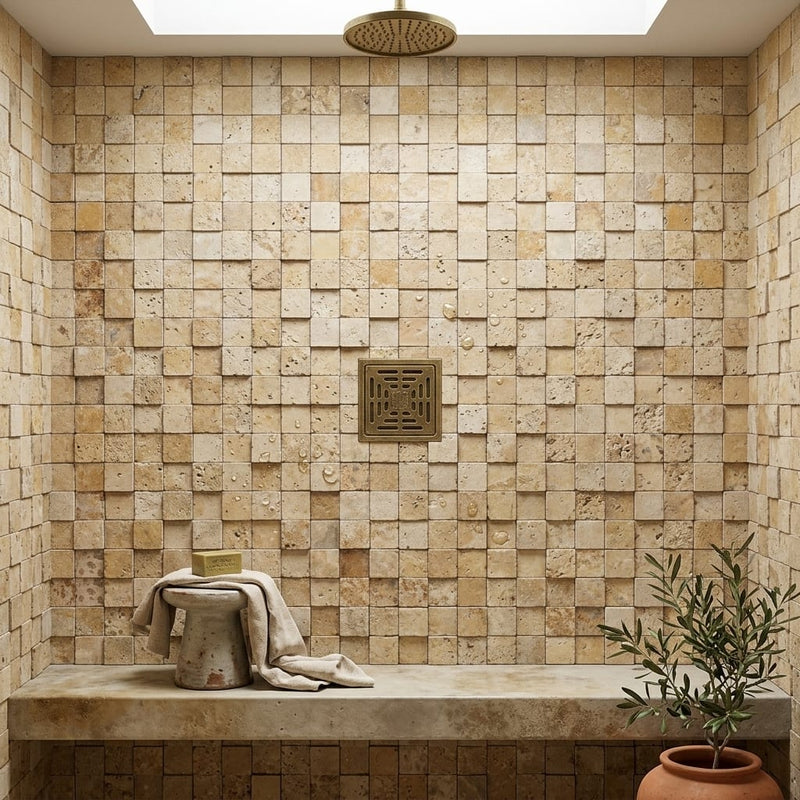 Gold / Yellow Gold Travertine 1x1 Split-faced (Hi-Low) Travertine Mosaic — Bathroom shower floor