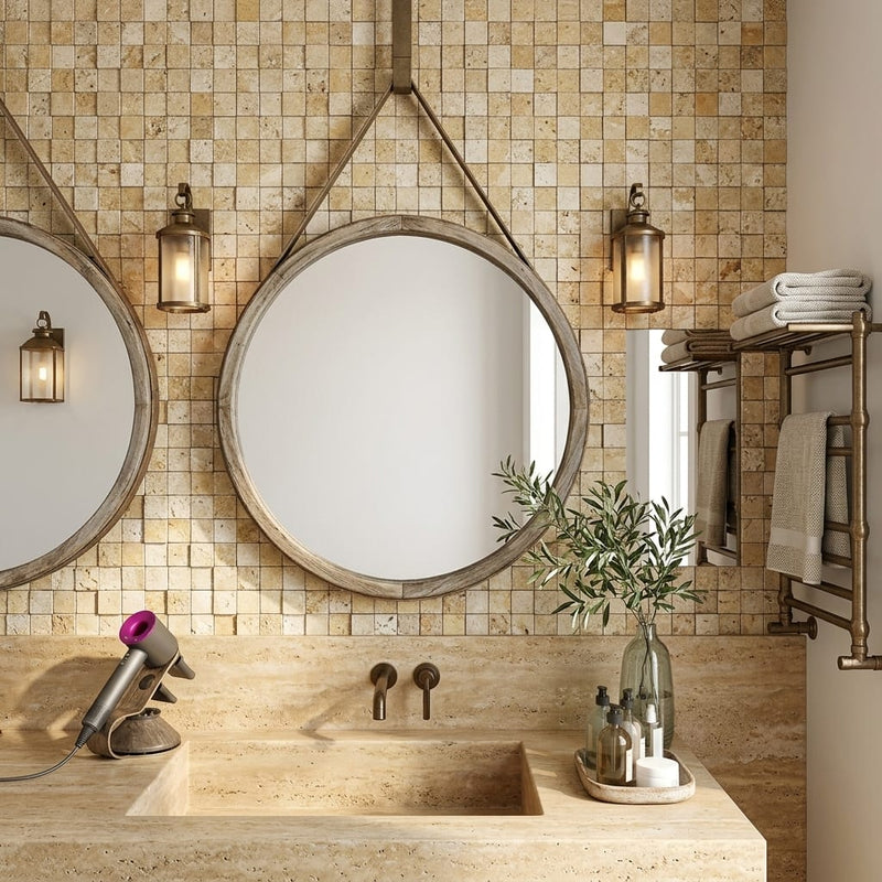 Gold / Yellow Gold Travertine 1x1 Split-faced (Hi-Low) Travertine Mosaic — Bathroom shower wall