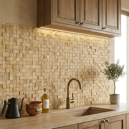 Gold / Yellow Gold Travertine 1x1 Split-faced (Hi-Low) Travertine Mosaic — Kitchen backsplash