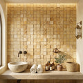 Gold / Yellow Gold Travertine 1x1 Split-faced (Hi-Low) Travertine Mosaic — Spa spa interior