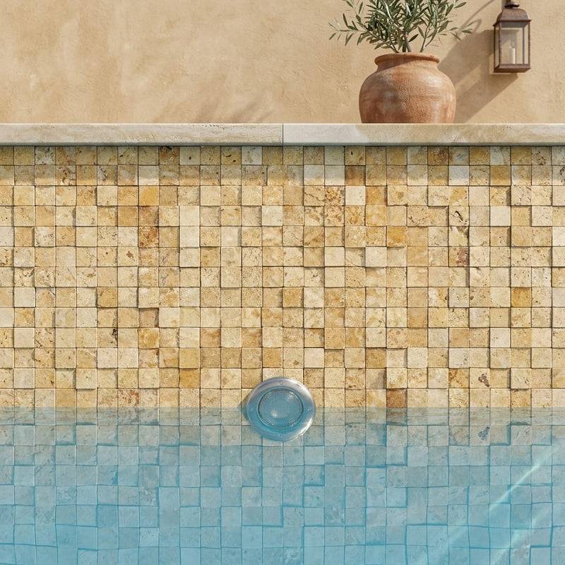 Gold / Yellow Gold Travertine 1x1 Split-faced (Hi-Low) Travertine Mosaic — Swimming Pool pool interior tiling