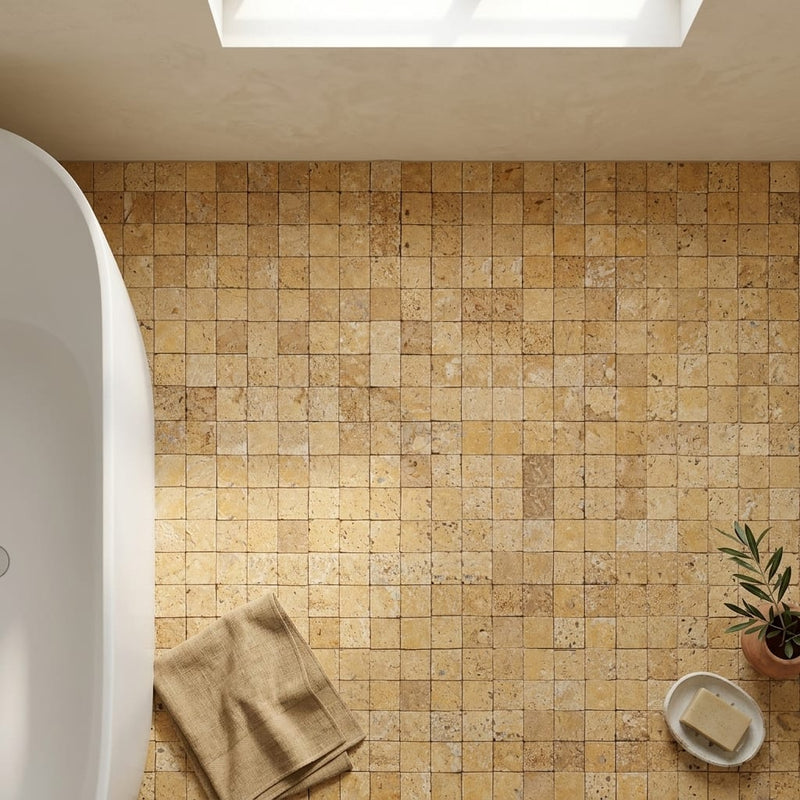 Gold / Yellow Gold Travertine 1x1 Split-faced Travertine Mosaic — Bathroom floor