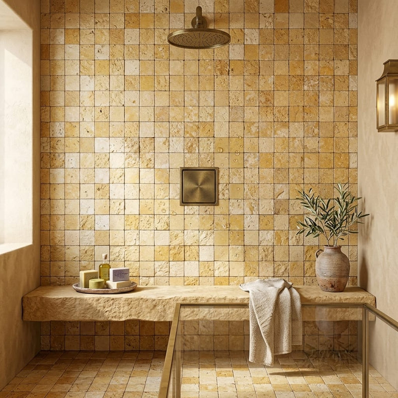 Gold / Yellow Gold Travertine 1x1 Split-faced Travertine Mosaic — Bathroom shower floor