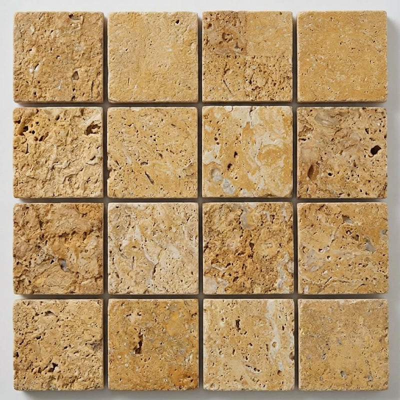 Gold / Yellow Gold Travertine 1x1 Split-faced Travertine Mosaic close-up