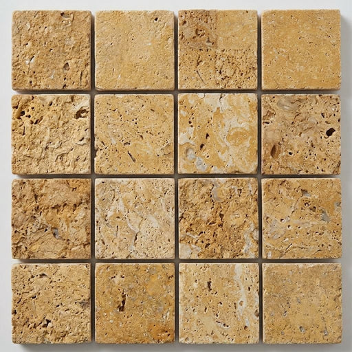 Gold / Yellow Gold Travertine 1x1 Split-faced Travertine Mosaic close-up