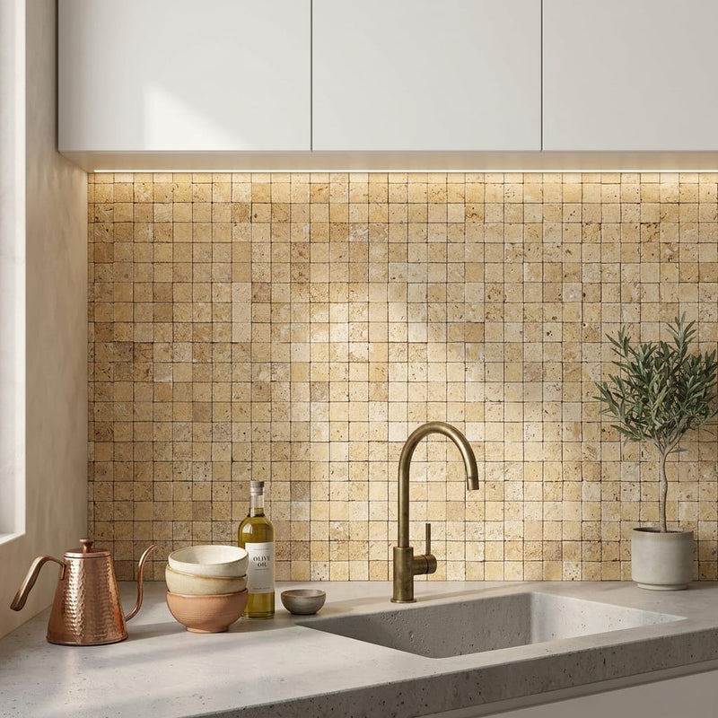 Gold / Yellow Gold Travertine 1x1 Split-faced Travertine Mosaic — Kitchen backsplash