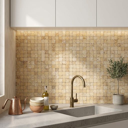 Gold / Yellow Gold Travertine 1x1 Split-faced Travertine Mosaic — Kitchen backsplash