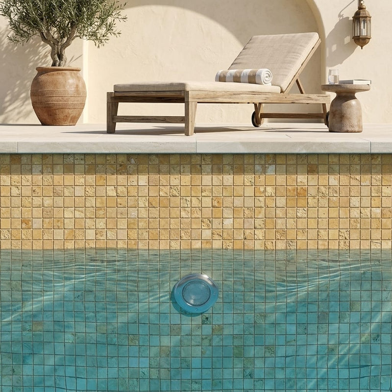 Gold / Yellow Gold Travertine 1x1 Split-faced Travertine Mosaic — Swimming Pool pool interior tiling