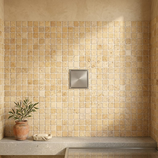 Gold / Yellow Gold Travertine 1x1 Tumbled Travertine Mosaic — Bathroom shower floor