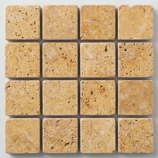 Gold / Yellow Gold Travertine 1x1 Tumbled Travertine Mosaic close-up