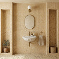 Gold / Yellow Gold Travertine 1x1 Tumbled Travertine Mosaic — Powder Room wall