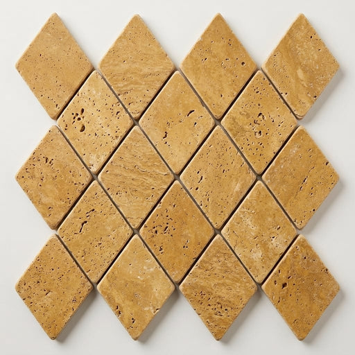 Gold / Yellow Gold Travertine 1x2 Tumbled Travertine Diamond / Rhomboid Mosaic close-up