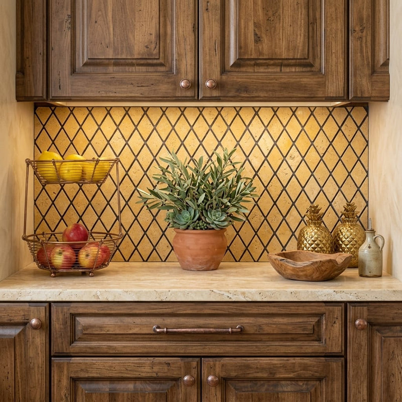 Gold / Yellow Gold Travertine 1x2 Tumbled Travertine Diamond / Rhomboid Mosaic — Kitchen backsplash