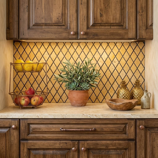 Gold / Yellow Gold Travertine 1x2 Tumbled Travertine Diamond / Rhomboid Mosaic — Kitchen backsplash