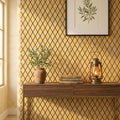 Gold / Yellow Gold Travertine 1x2 Tumbled Travertine Diamond / Rhomboid Mosaic — Living Room accent wall