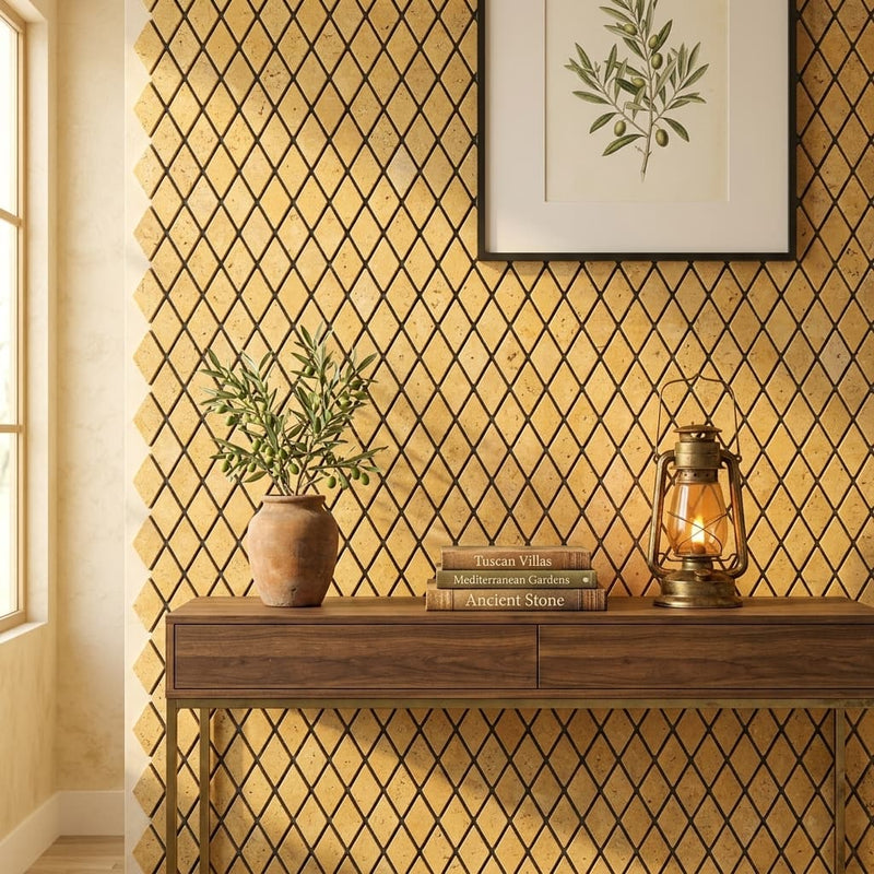 Gold / Yellow Gold Travertine 1x2 Tumbled Travertine Diamond / Rhomboid Mosaic — Living Room accent wall