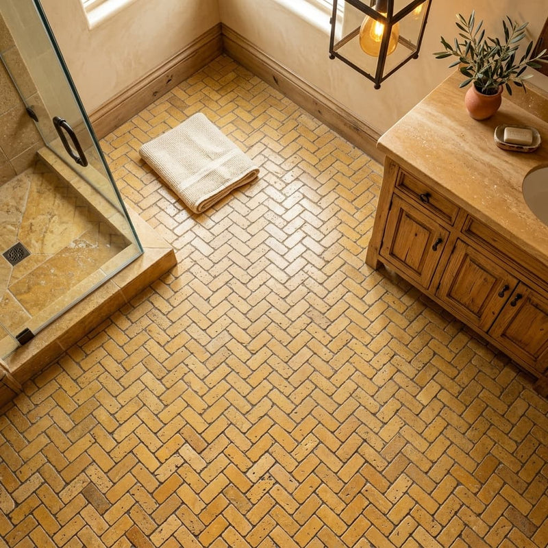 Gold / Yellow Gold Travertine 1x2 Tumbled Travertine Herringbone Mosaic — Bathroom floor