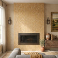 Gold / Yellow Gold Travertine 1x2 Tumbled Travertine Herringbone Mosaic — Living Room accent wall