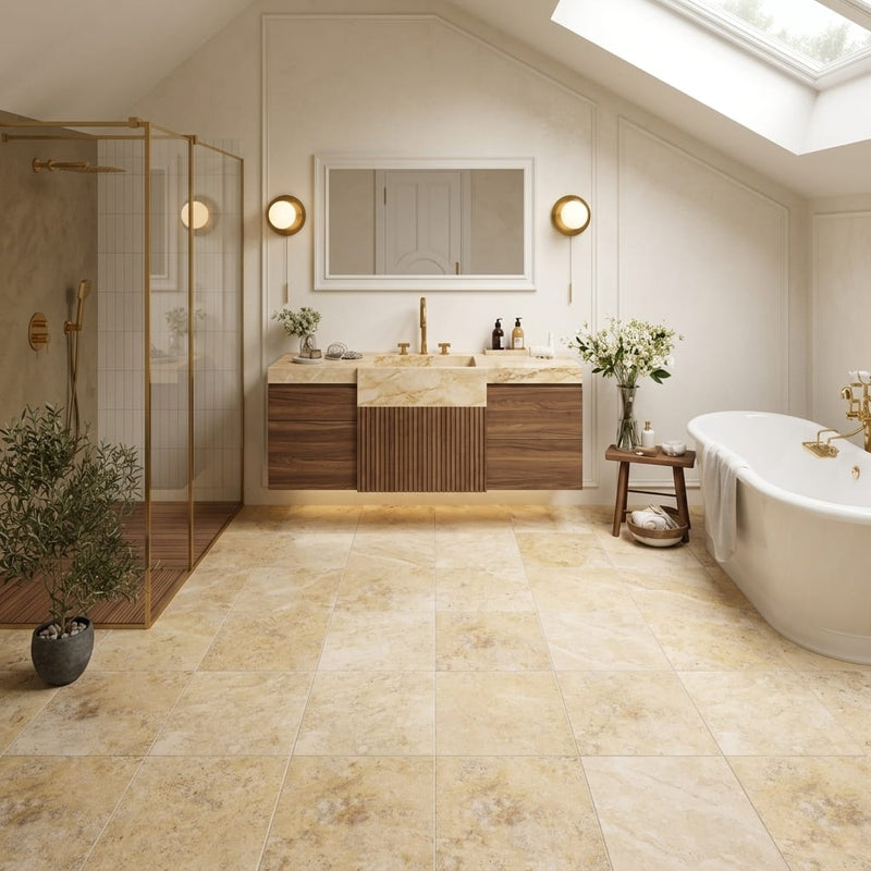 Gold / Yellow Gold Travertine 12x12 Filled & Honed Travertine Tile — Bathroom floor