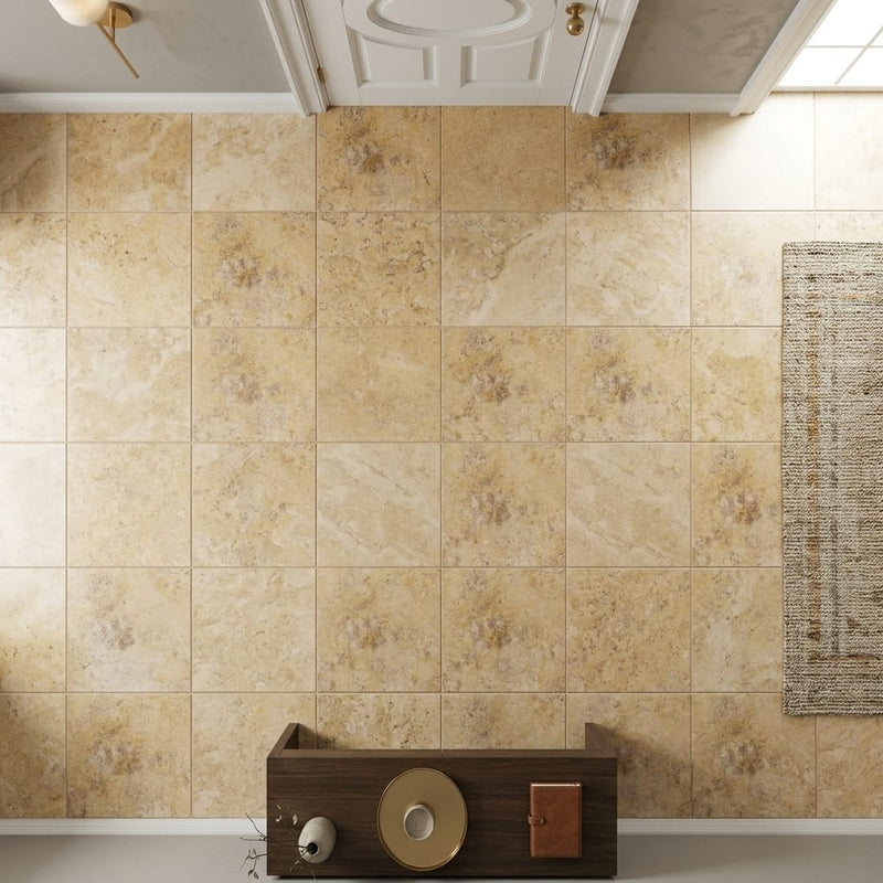 Gold / Yellow Gold Travertine 12x12 Filled & Honed Travertine Tile — Hallway floor