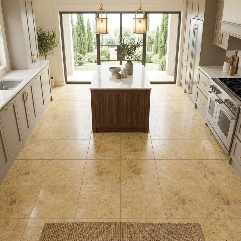 Gold / Yellow Gold Travertine 12x12 Filled & Honed Travertine Tile — Kitchen floor