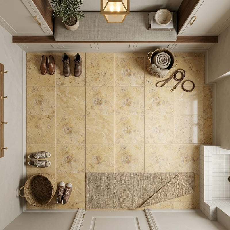 Gold / Yellow Gold Travertine 12x12 Filled & Honed Travertine Tile — Mudroom floor