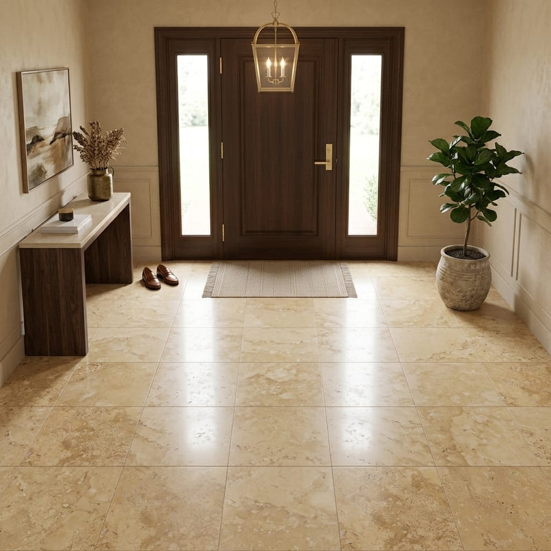 Gold / Yellow Gold Travertine 18x18 Filled & Honed Travertine Tile — Foyer floor