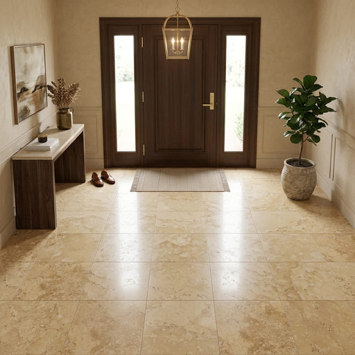 Gold / Yellow Gold Travertine 18x18 Filled & Honed Travertine Tile — Foyer floor