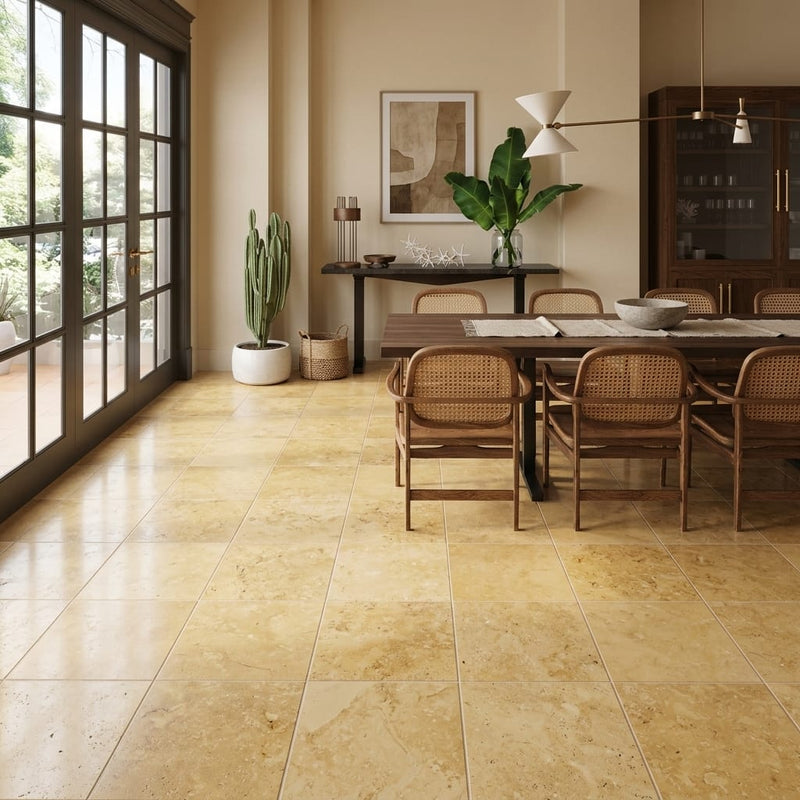 Gold / Yellow Gold Travertine 18x18 Filled & Honed Travertine Tile — Living Room floor