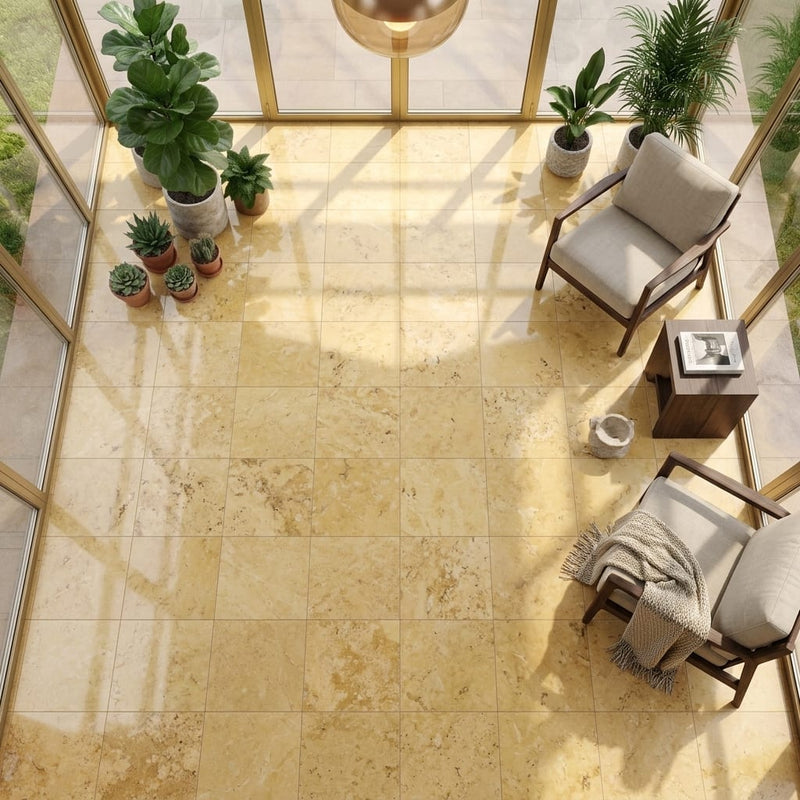 Gold / Yellow Gold Travertine 18x18 Filled & Honed Travertine Tile — Sunroom floor