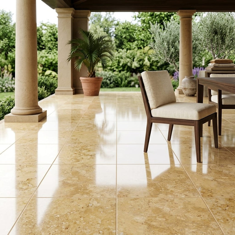 Gold / Yellow Gold Travertine 18x18 Filled & Polished Travertine Tile — Covered Patio floor