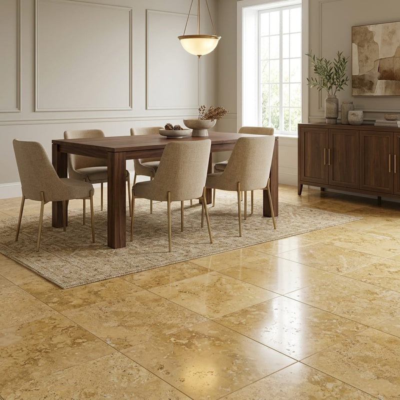 Gold / Yellow Gold Travertine 18x18 Filled & Polished Travertine Tile — Dining Room floor